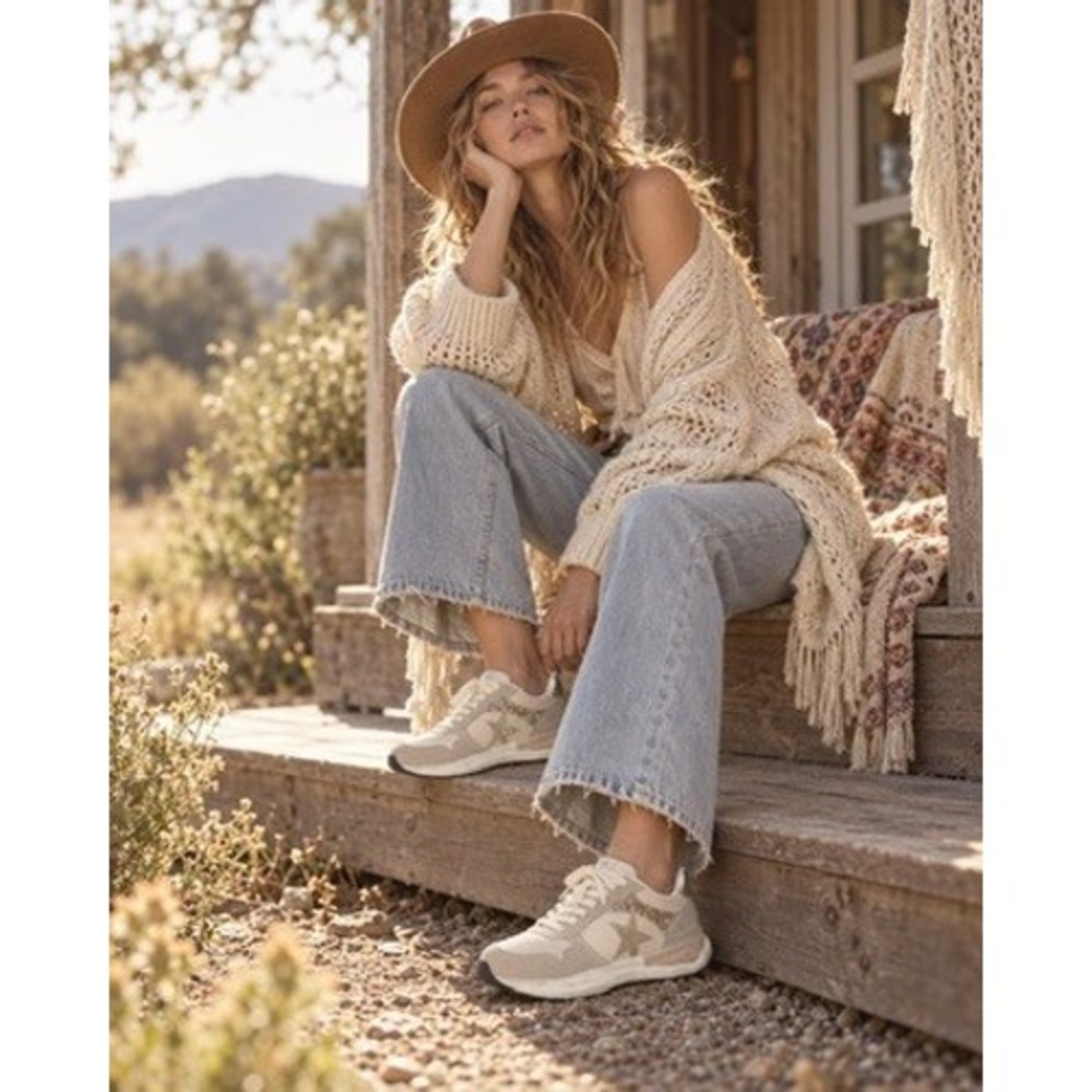 Vintage Havana Run Nude Glitter Star Sneakers Womens 8 Beige Gold Boho